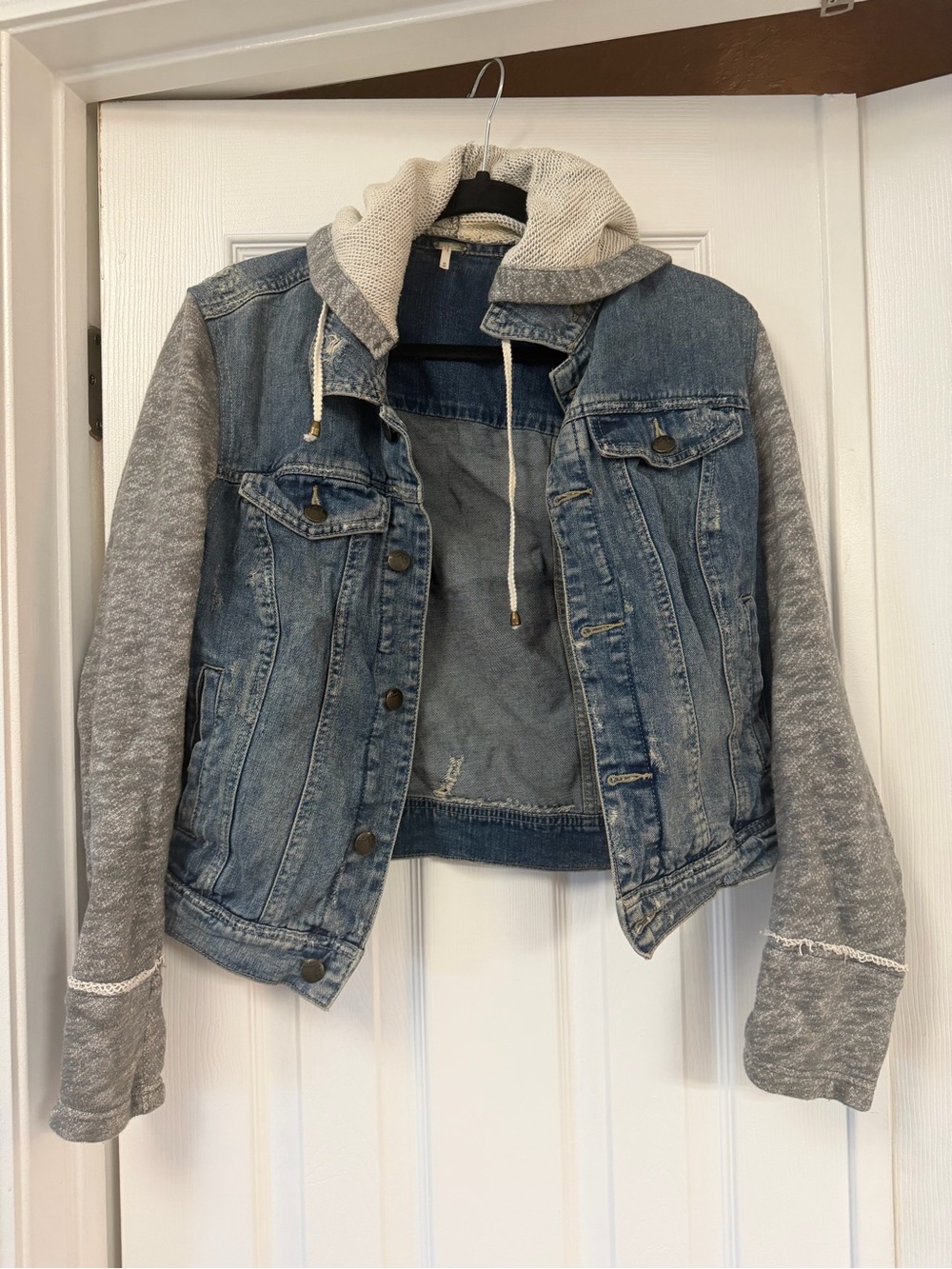 Free People Blue Denim Jacket with Grey Knit Sleeves and Cream Hood